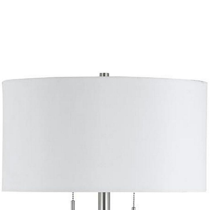Metal Body Floor Lamp with Fabric Drum Shade and Pull Chain Switch, Silver-Benzara