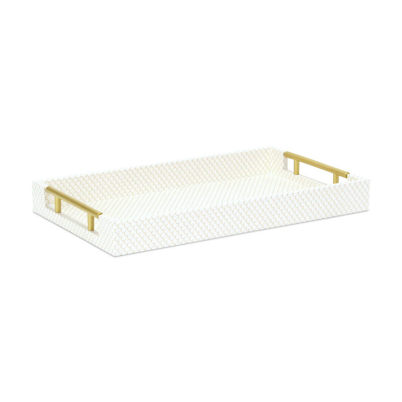 HomeRoots 16" Ivory And Gold Geometric Print Handmade Serving Tray With Handles image number 2