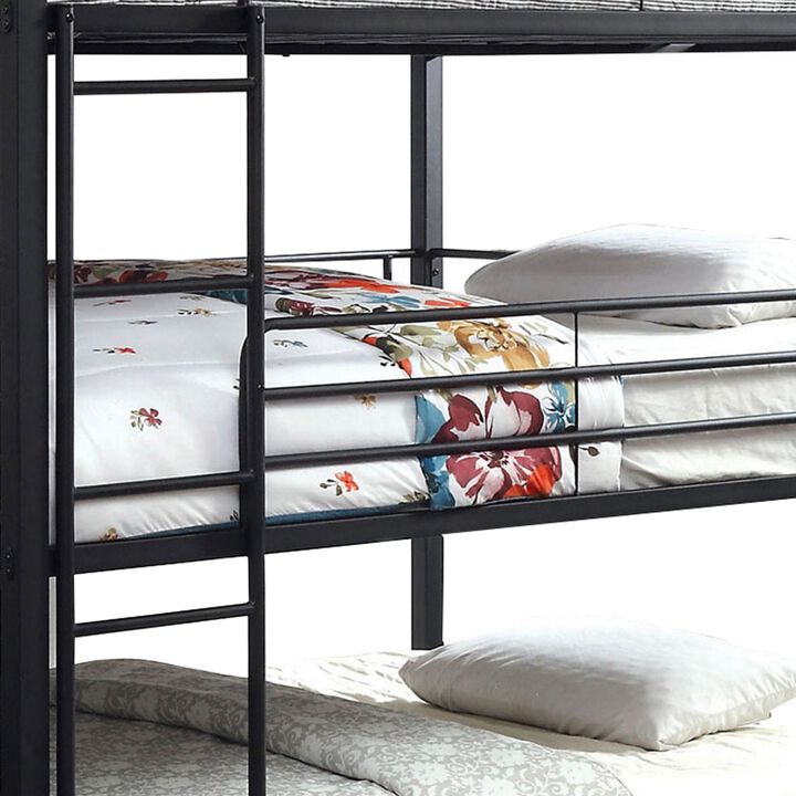Industrial Style Queen Triple Decker Bunk Bed with Ladder, Black-Benzara