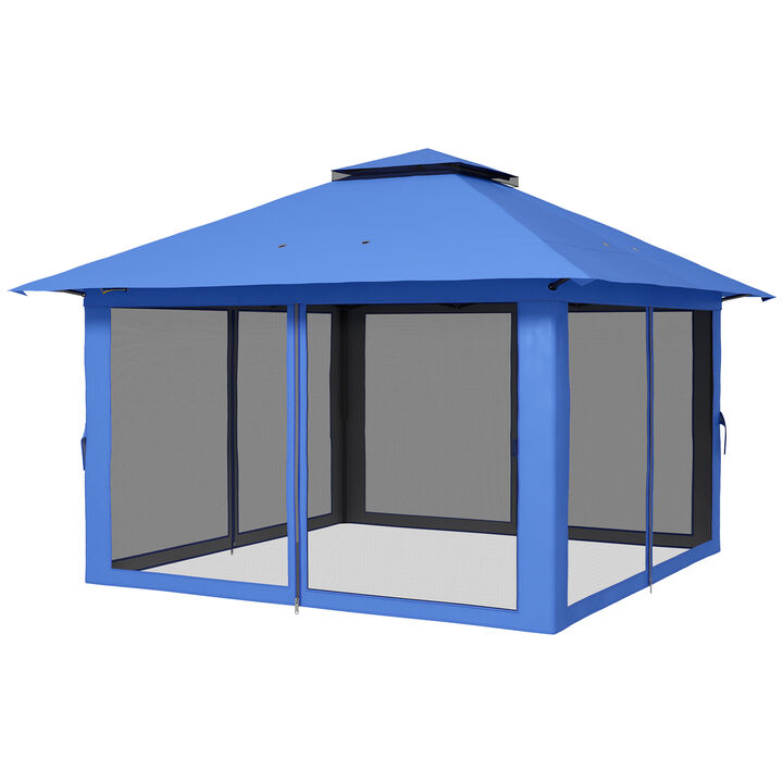 Outsunny 13' x 13' Pop Up Gazebo with Netting, Instant Canopy Tent Shelter with 2-Tier Roof,  Wheeled Carry Bag, Water/Sand Bag for Outdoor, Garden, Parties, Blue