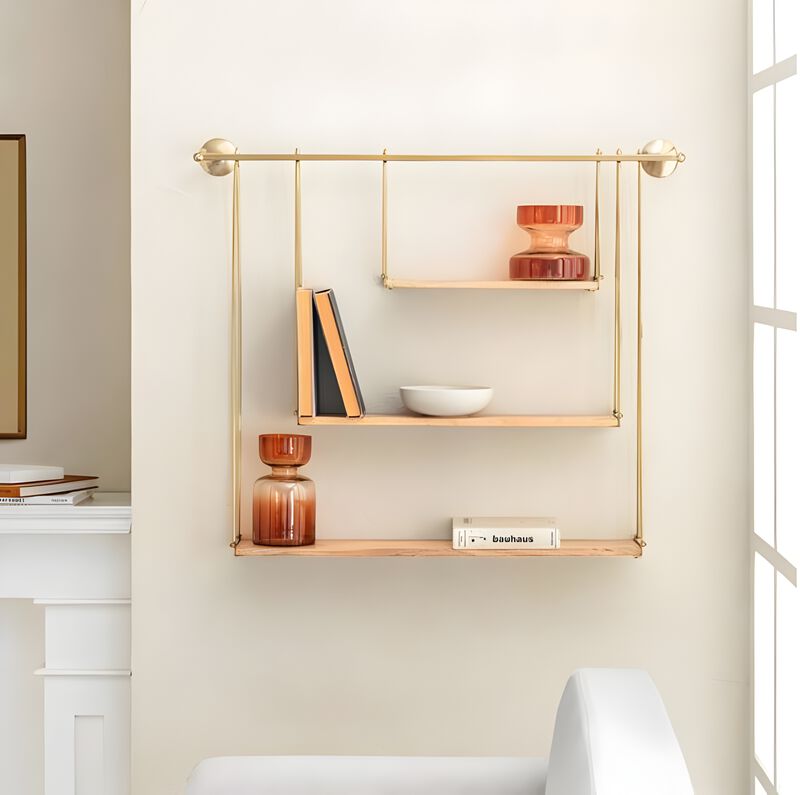 Luna 6 in. x 37 in. 31.5 in. Gold and Natural Wood Decorative Shelves image number 2