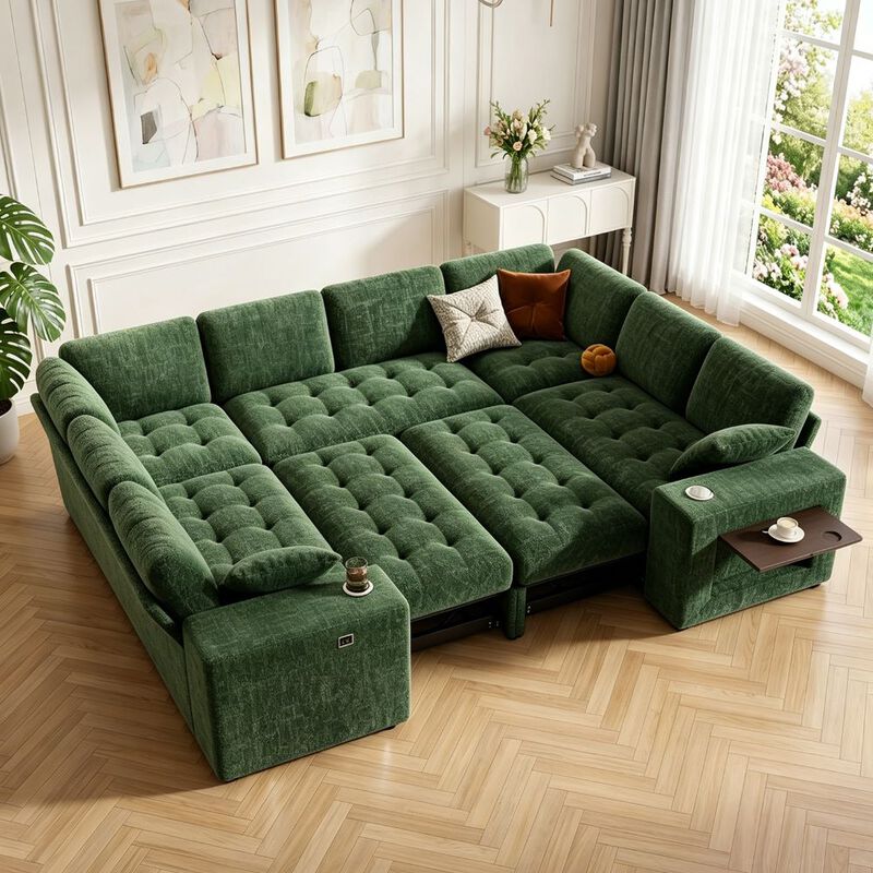 Vipbear 110" Modular Sectional Sleeper Sofa, 8-Seater Chenille U-Shaped Couch with Pull-Out Beds image number 3