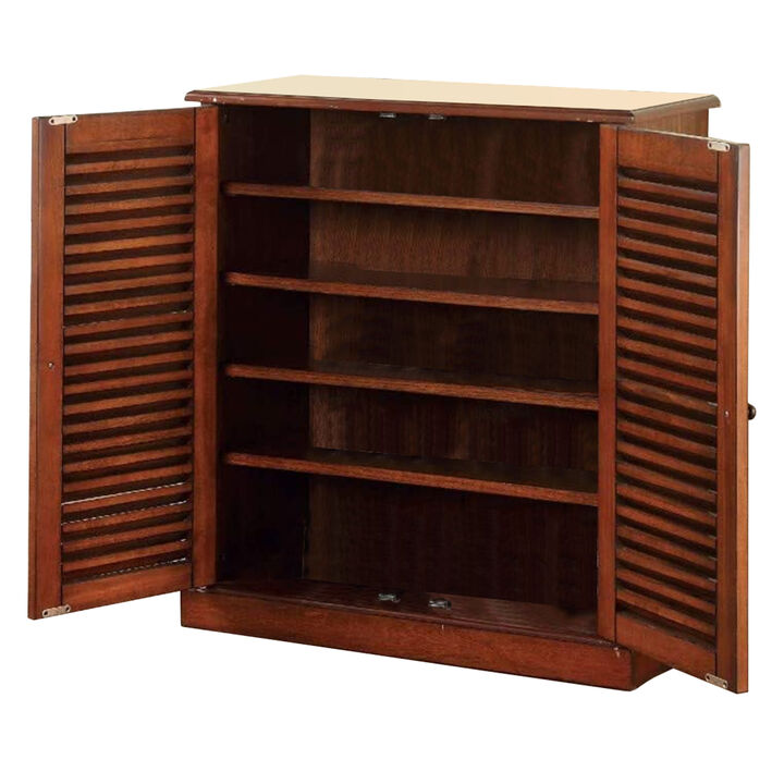 Double Door Solid Wood Shoe Cabinet with Blocked Panel Feet, Brown-Benzara