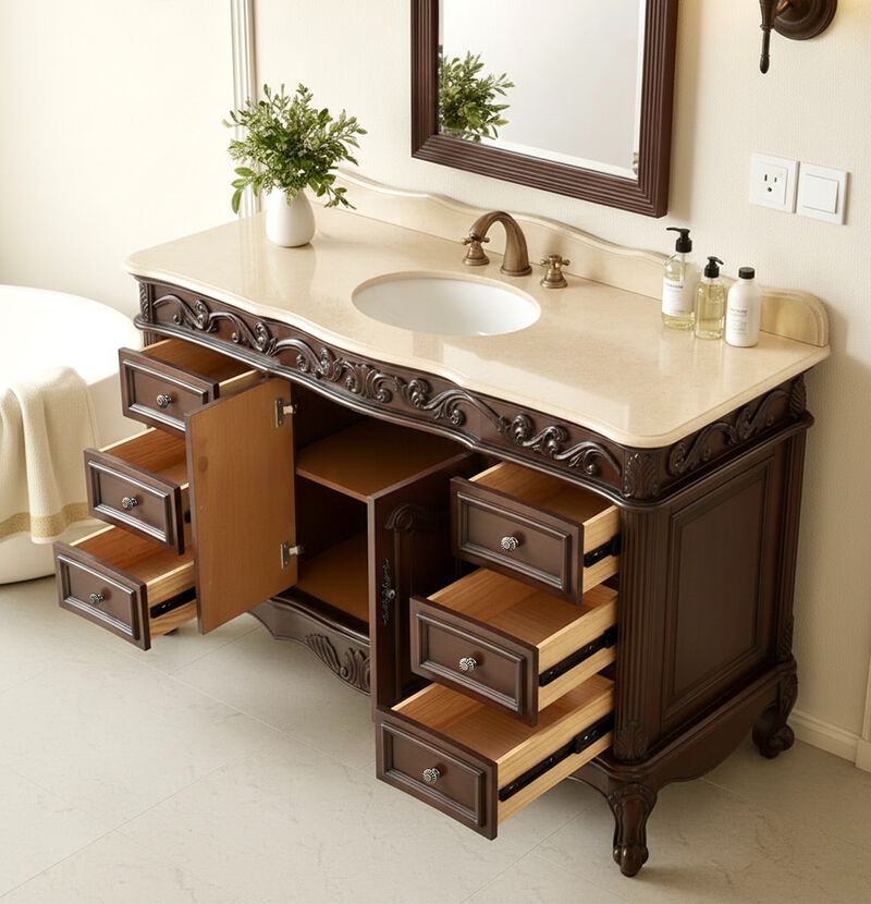 56 Inch Traditional Style Brown Beckham Bathroom Sink Vanity With CreamTop image number 7