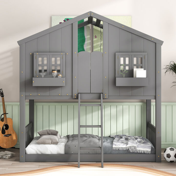 Twin over Twin House Bunk Bed with Roof, Window, Window Box, Door, with Safety Guardrails and Ladder, Grey
