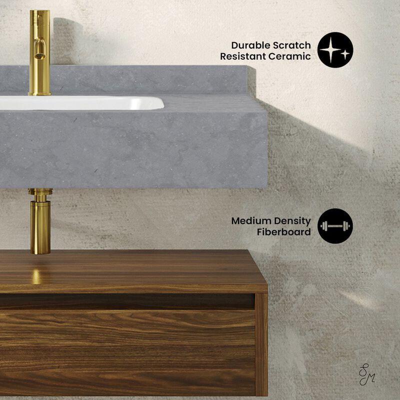 36" Wall-Mounted Bathroom Vanity in Brown Oak with Charcoal Gray Sink Top image number 3