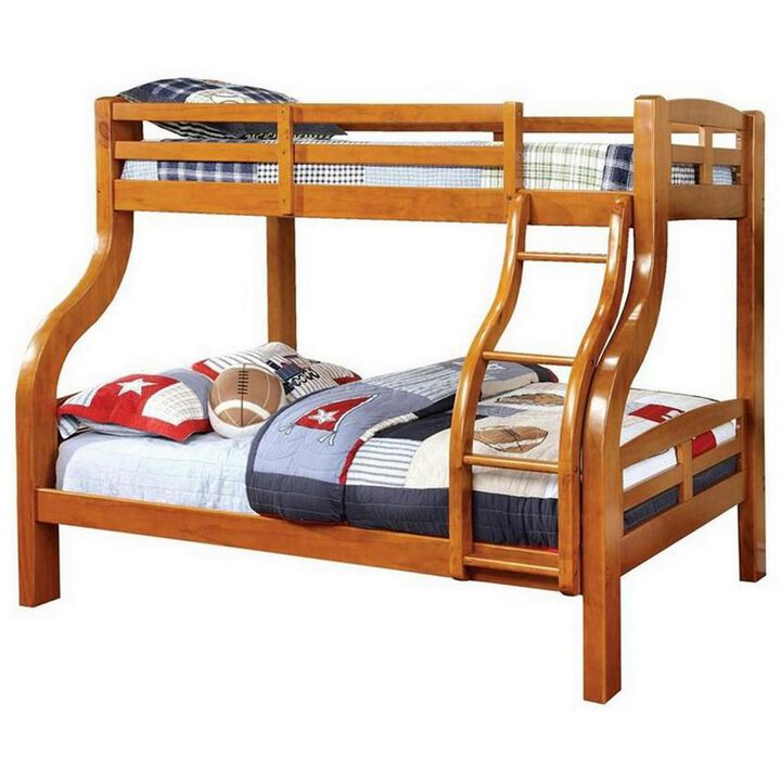Curved Design Twin Over Full Bed with Attached Ladder, Oak Brown-Benzara