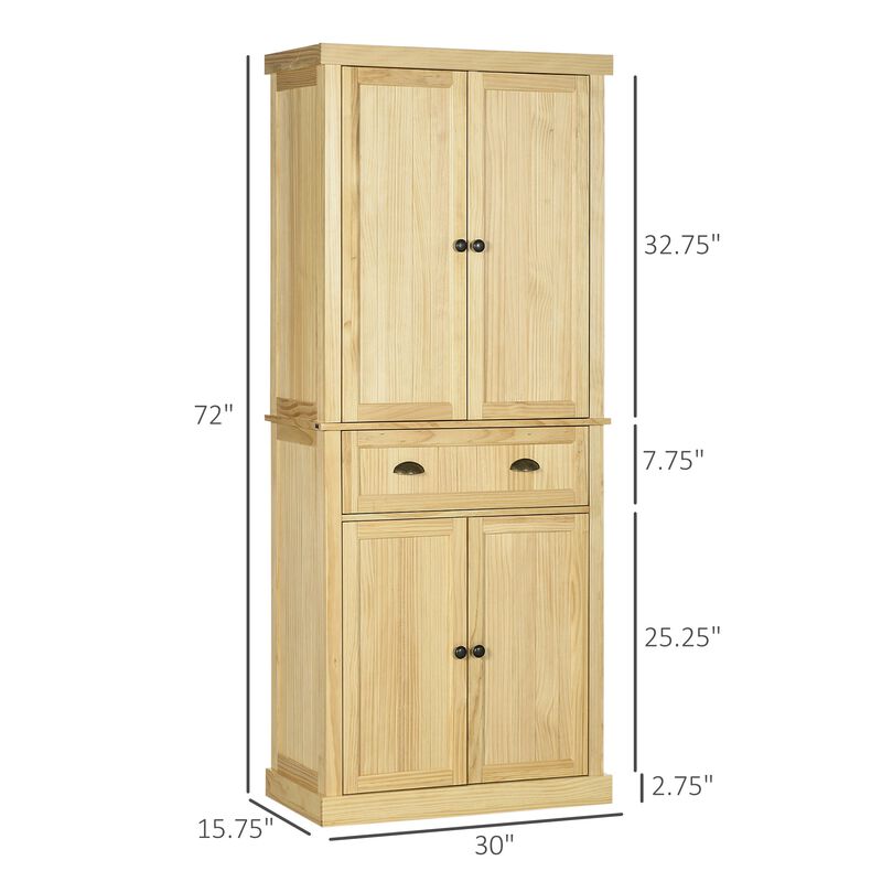 72" Pinewood Large Kitchen Pantry Storage Cabinet, Freestanding Cabinets with Doors and Shelves, Dining Room