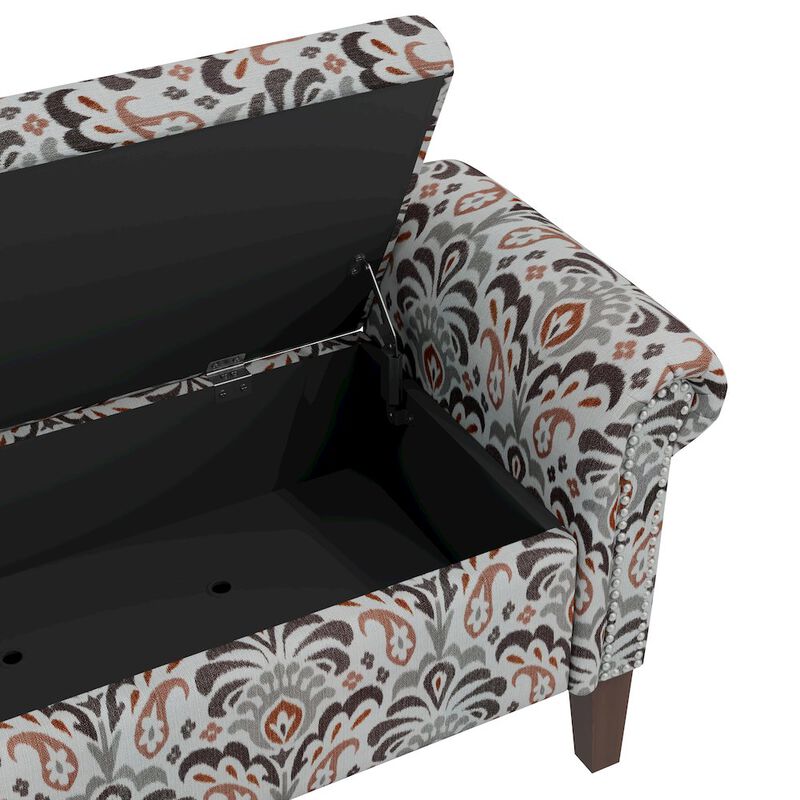 HL Home Furnishings Rolled Arm Storage Ottoman in Amber and Gray Damask