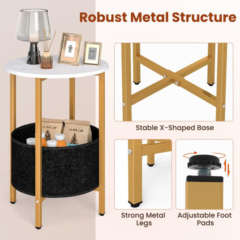 Hivvago Round End Table 2-Tier Side Table with Removable Fabric Basket and Metal Frame