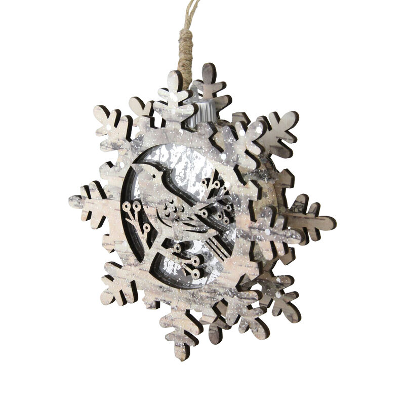 6" Brown and Gray Pre-Lit Snowflake with Bird Christmas Ornament image number 1