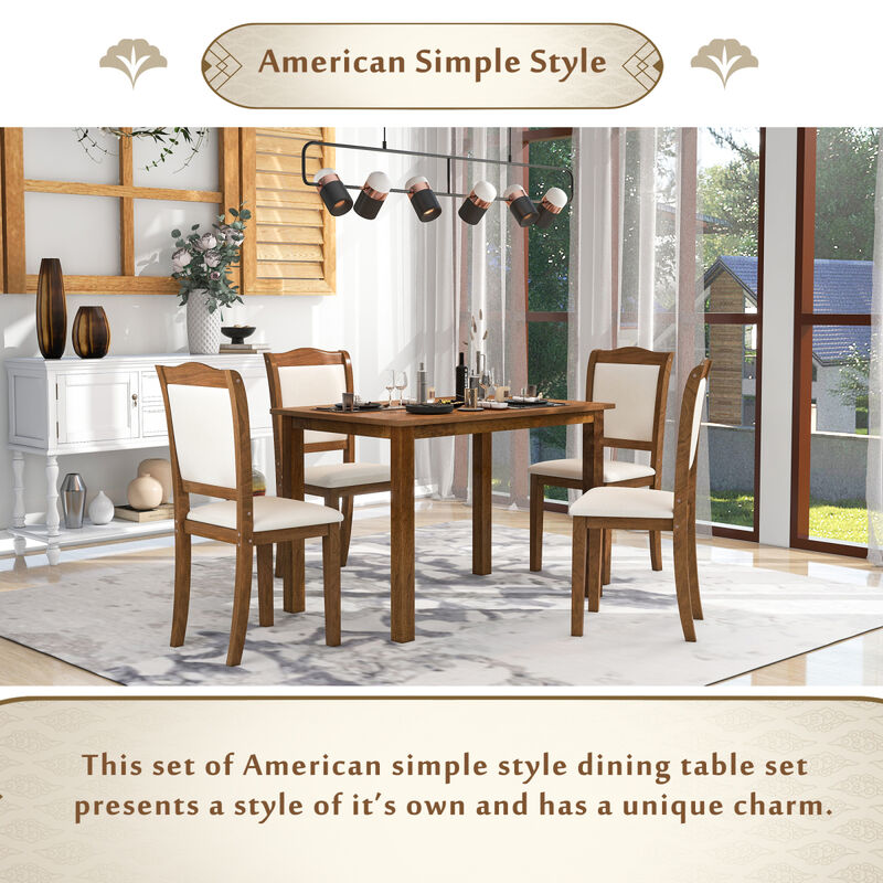 5-Piece Wood Dining Table Set Simple Style Kitchen Dining Set Rectangular Table with Upholstered Chairs