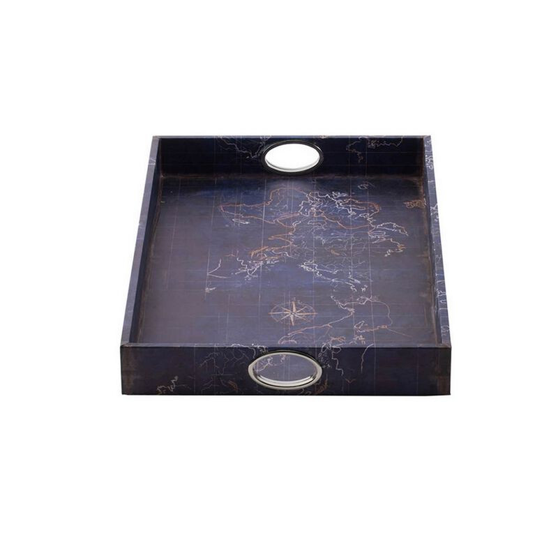 25 Inch Set of 2 Rectangular Decorative Trays, Gold Map Design, Deep Blue - Benzara