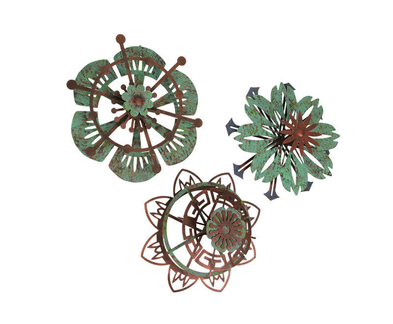 Set of 3 Metal Flower Wall Art Copper Verdigris Hanging Decor Floral Sculpture image number 0