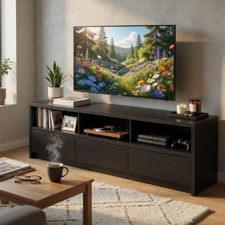 Rutvy TV Stand Media Console with Open Shelves, Black Wood 78 Inch