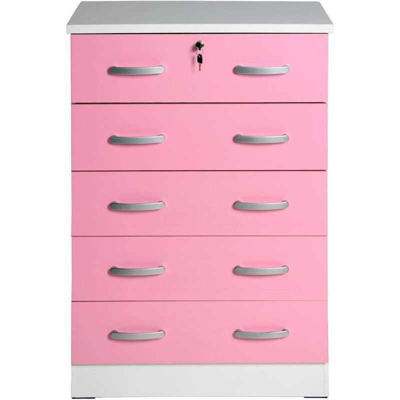 Better Home Products Cindy 5 Drawer Chest Wooden Dresser with Lock in Pink