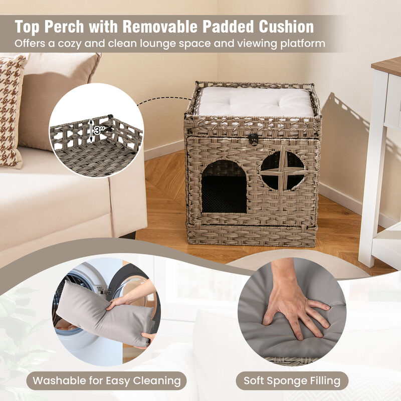Rattan Cat Litter Box Enclosure, Foldable 2-Tier Design with Litter Mat-Grey image number 7