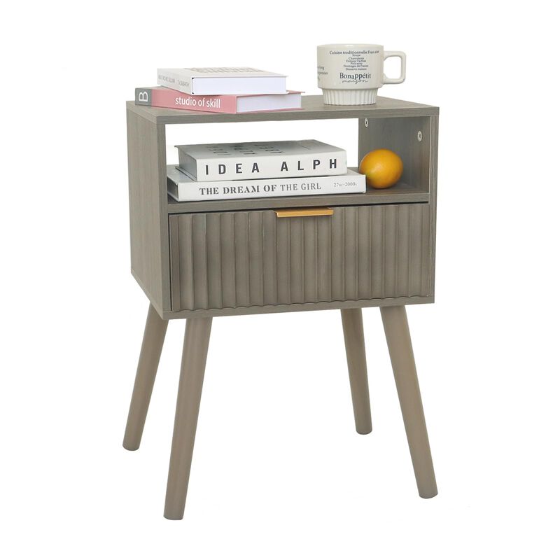Fultyle Grey Nightstand, Modern Night Stand Wood, Fluted Bedside Table with Solid Wood Legs for Bedroom, Living Room and Small S