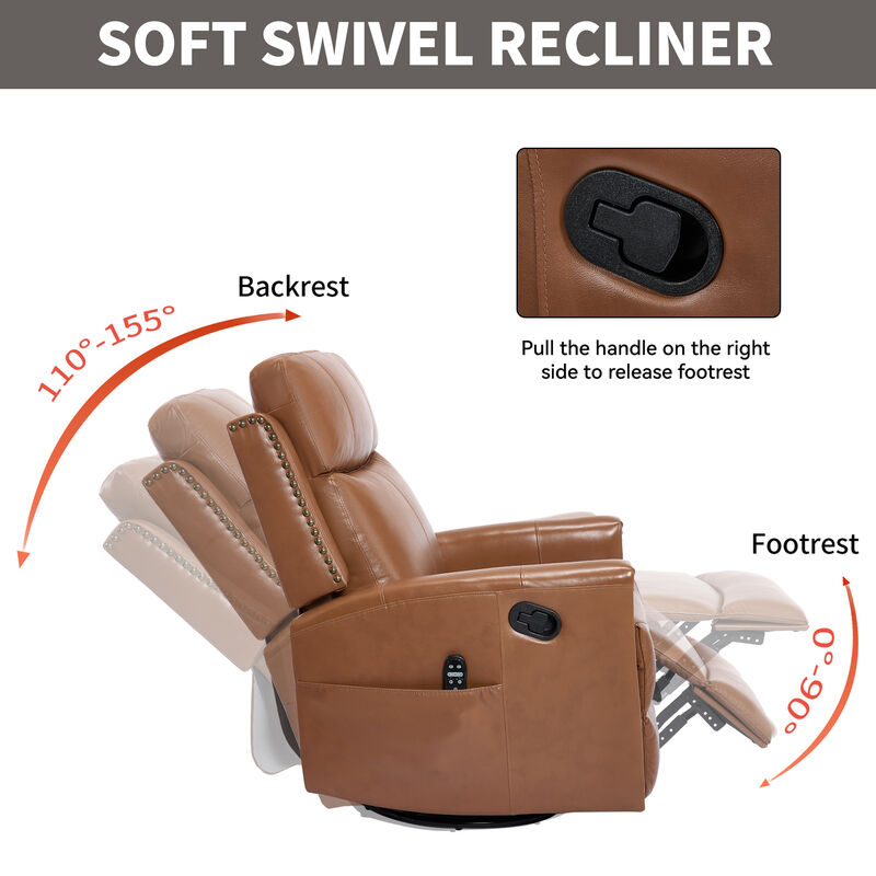 Genuine Leather Heat Massage Manual Recliner Chair with Rocker and Swivel for Living Room image number 6