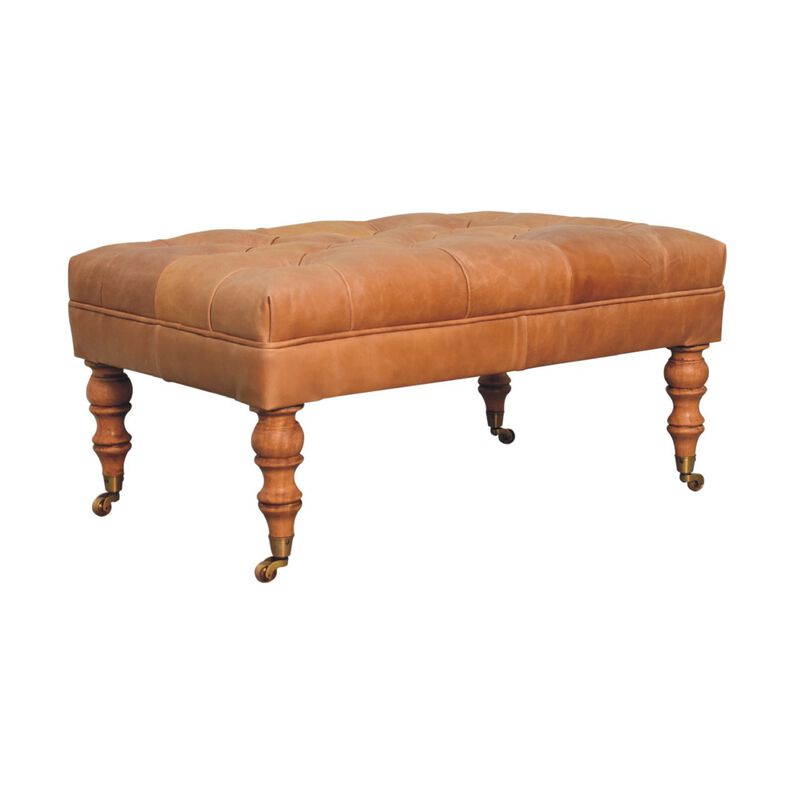 Artisan Furniture  Solid Wood Buffalo Tan Leather Ottoman with Castor Legs