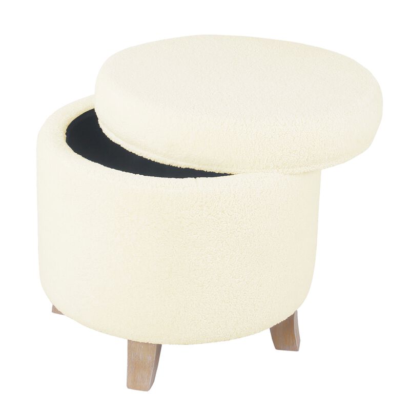 Loni Round Storage Ottoman, 19 Inch Beige Faux Sheepskin, Wood Legs image number 4