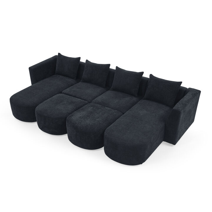 U Shaped Sectional Sofa including Two Single Seat, Two Chaises and Two Ottomans, Modular Sofa, DIY Combination, Loop Yarn Fabric, Black