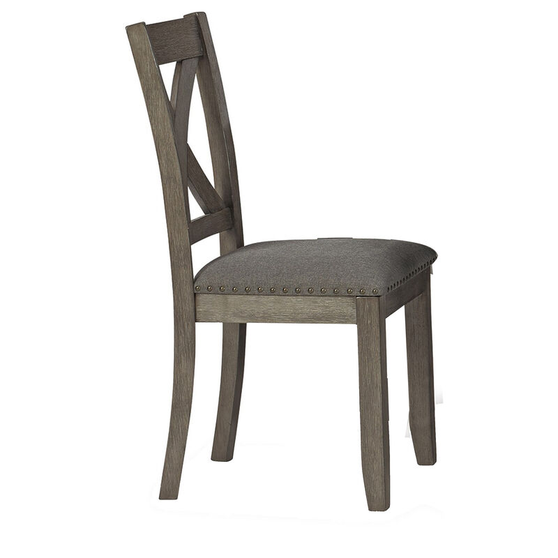 7 Piece Dining Table Set with 6 X-Back Chairs | Weathered Gray Wood | Padded Seats - Benzara