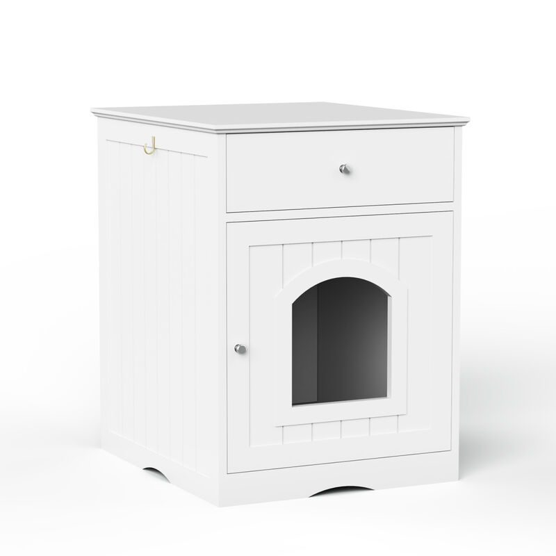 Wooden Pet House Cat Litter Box Enclosure with Drawer, Side Table, Indoor Pet Crate, Cat Home Nightstand (White) image number 5