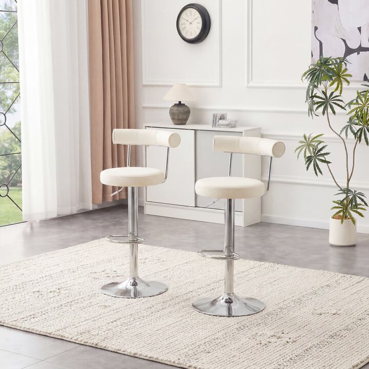 Set of 2 swivel bar stools, velvet upholstered adjustable height bar chair with open back, chrome base counter stools with footrest