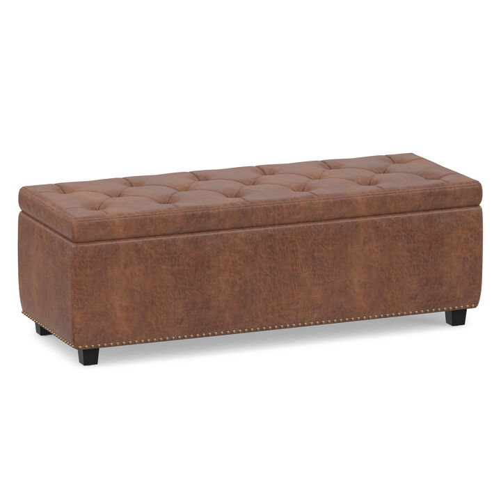 Hamilton 48 inch Wide Transitional Rectangle Storage Ottoman in Distressed Umber Brown Vegan Faux Leather, Assembled