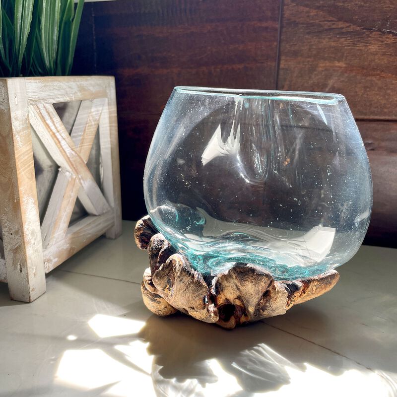 Melted Glass On Gamal Root Wood Decorative Bowl Vase Terrarium Planter image number 6