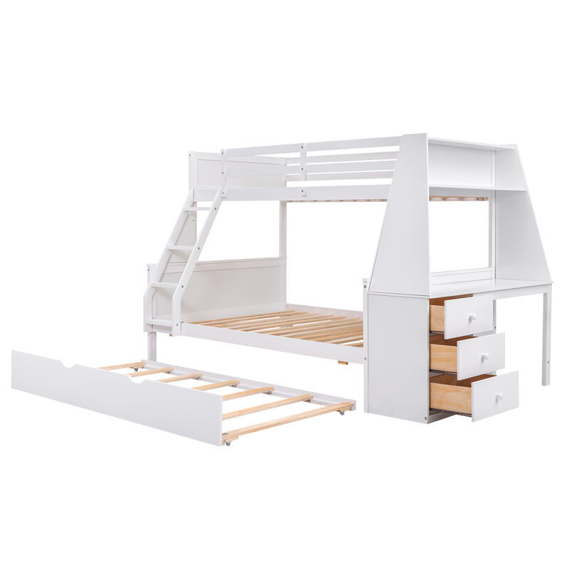 Whisen Twin over Full Bunk Bed with Trundle and Built-in Desk, Three Storage Drawers and Shelf