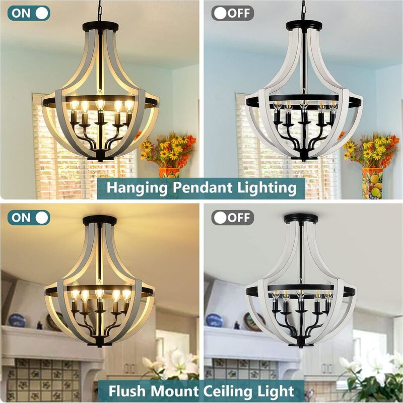 ELEMENT ACE 5-Light Modern Farmhouse Solid Wood Chandelier Dual Use Pendant & Flush Mount Ceiling Light Fixture for Dining Room Kitchen Island Living Room Foyer Entryway image number 6
