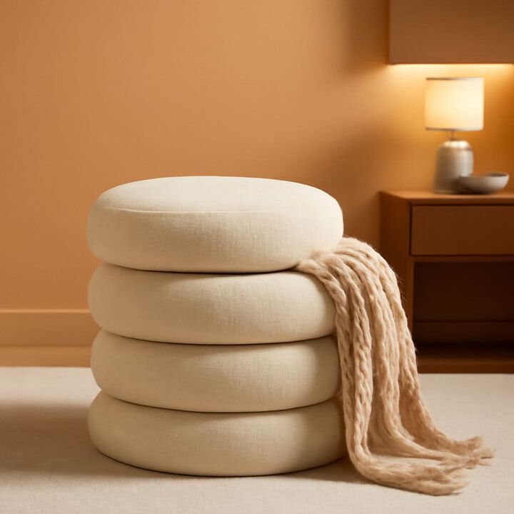 Beige Linen Upholstered Round Storage Ottoman - Removable Lid
