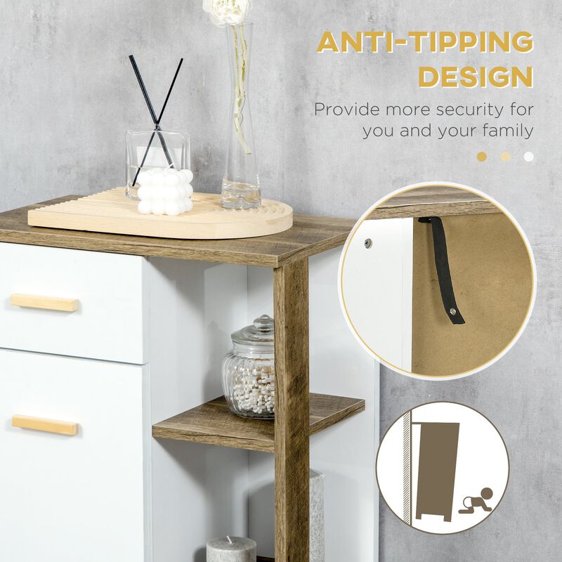 White/Natural Bathroom Storage: Floor Cabinet with Drawer & Shelves