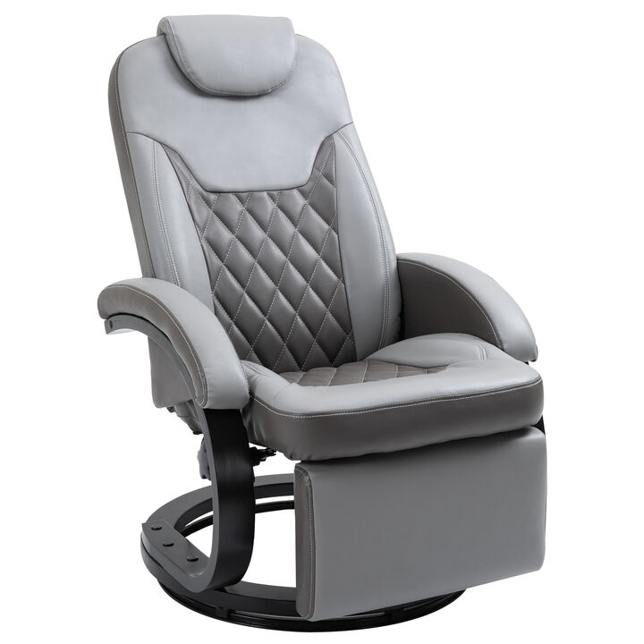 HOMCOM PU Recliner Reading Armchair with Footrest, Headrest and Round Steel/Wood Base for Living Room or Office, Grey