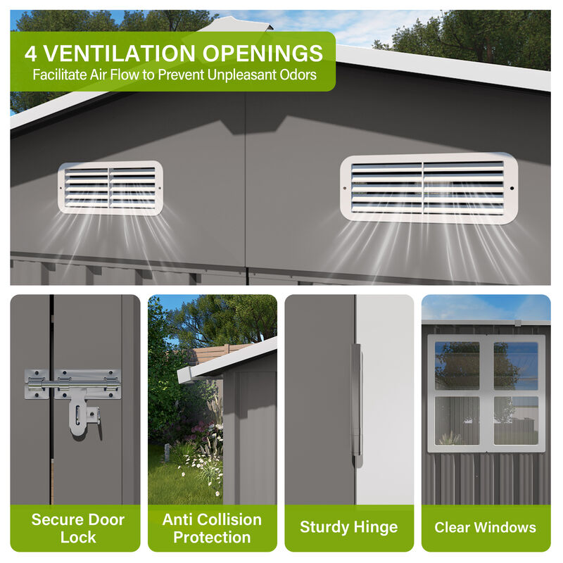 10x14 FT Outdoor Metal Storage Shed with Three Lockable Doors and Clear Window image number 4