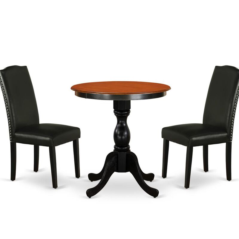 East West Furniture 3-Piece Modern Table Set Contains a Modern Kitchen Table and 2 Black PU Leather Upholstered Chairs with Stylish High Back - Black Finish