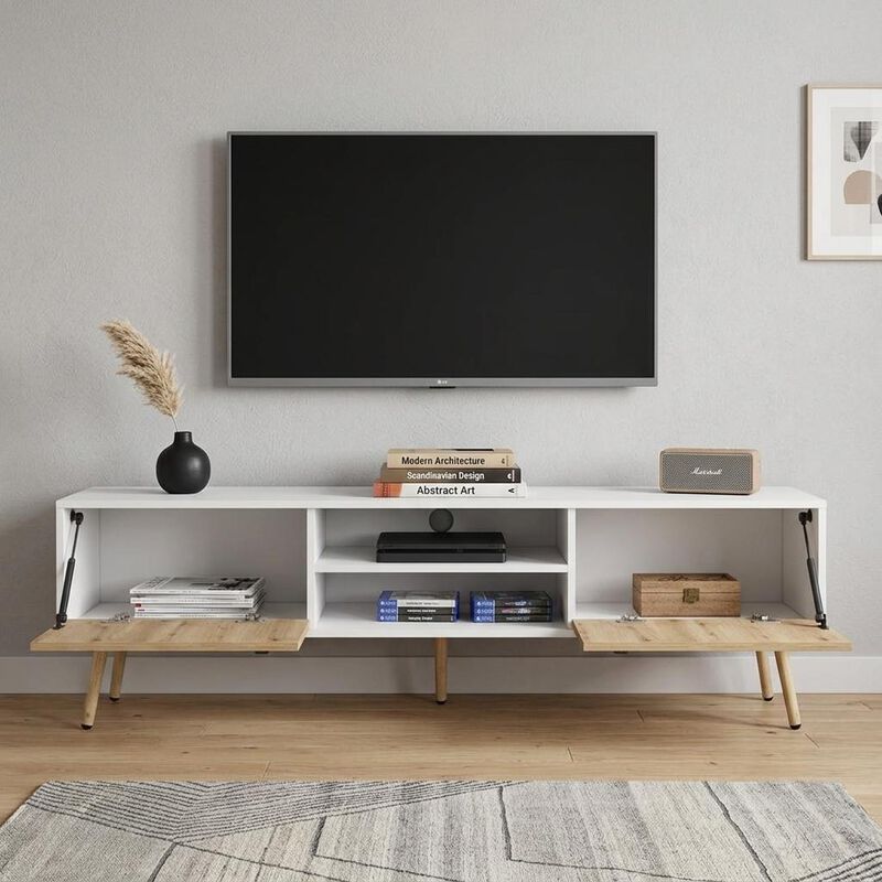HomeRoots 71" White And Beige Enclosed And Open Storage TV Stand image number 1