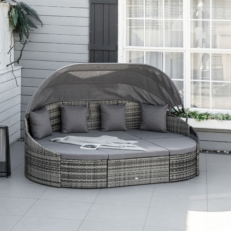 Outsunny 4-Piece Outdoor Rattan Furniture Set, Round Convertible Patio Daybed or Sunbed, Sectional Sofa with Canopy, Pillows, Cushions, Footrest, Table, PE Plastic Wicker, Grey