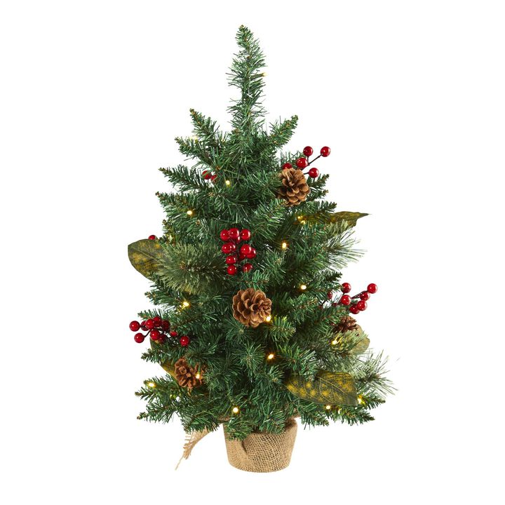 Nearly Natural 2-ft Pine, Pinecone and Berries Artificial Christmas Tree with 35 LED Lights and 86 Bendable Branches