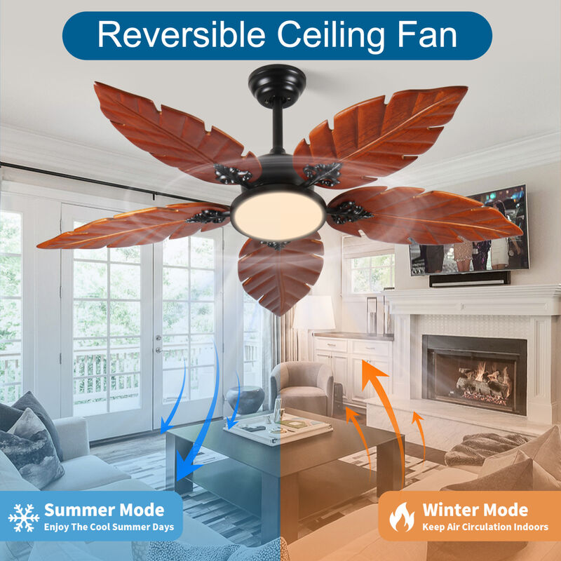 ELEMENT ACE 52 Inch Tropical Palm Leaf Ceiling Fan with Light, Indoor Outdoor Reversible Ceiling Fan for Patio Living Room, Hand Carved Solid Wood Blades image number 4