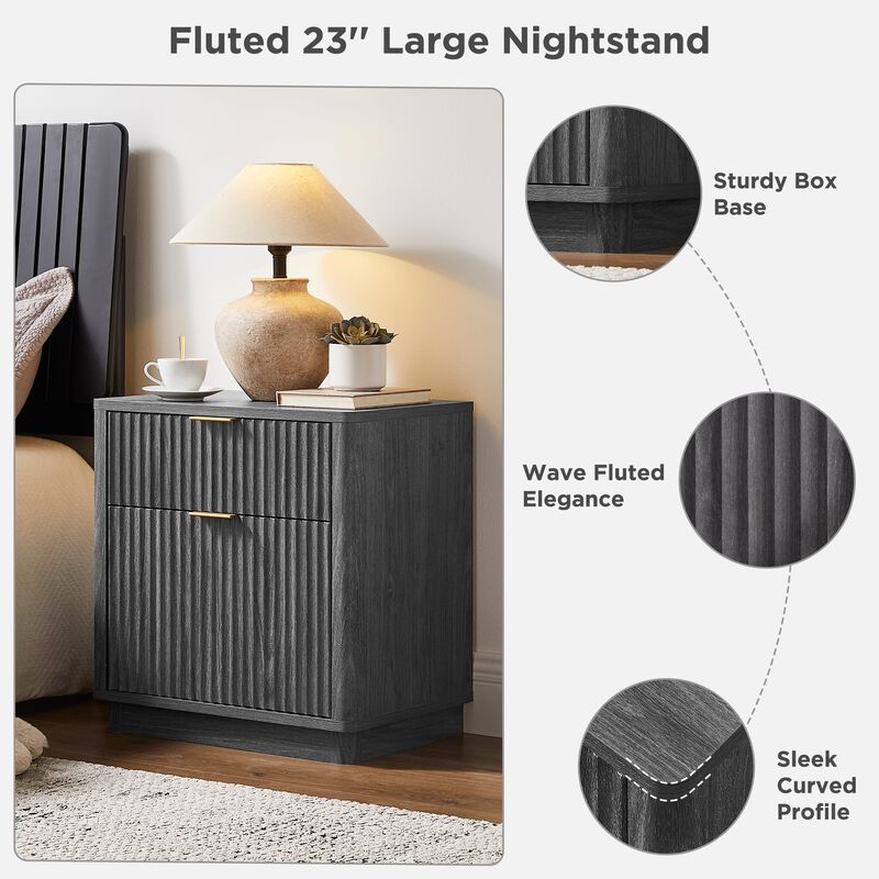Fluted 2-Drawer Nightstand with Charging Station, Curved Modern Bedside Table image number 5