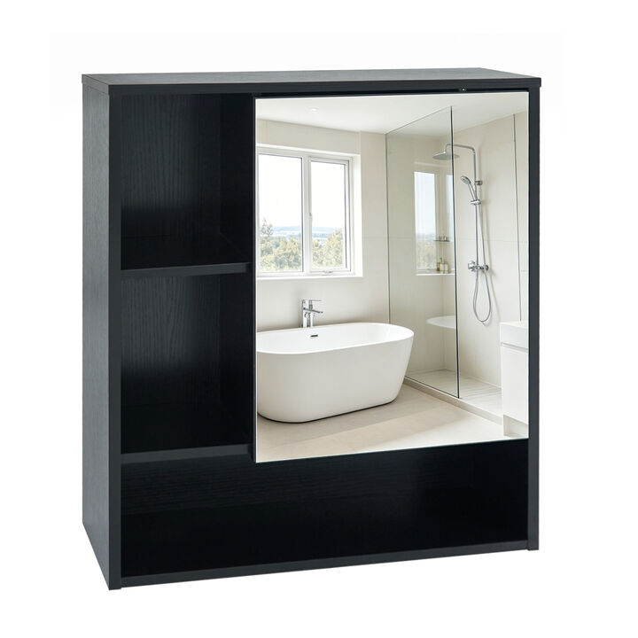 Bathroom Wall Mirror Cabinet with 2 Hidden Shelves and 3 Open Cubbies