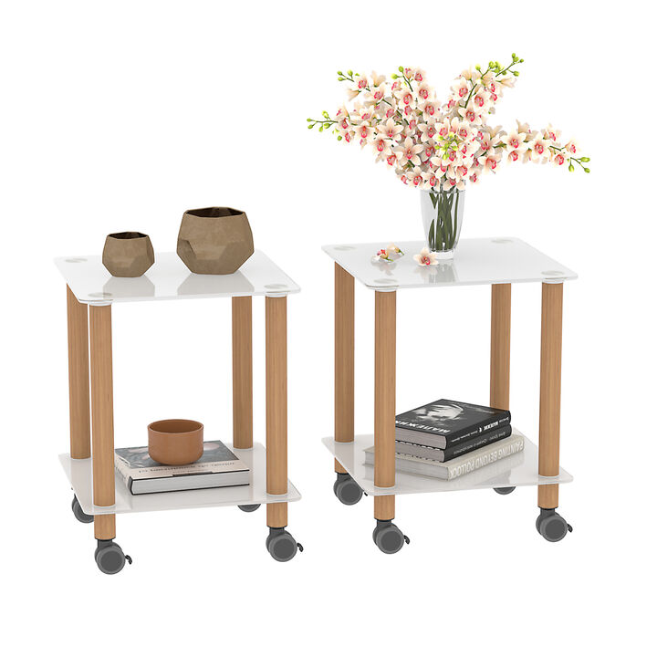 2-Piece White+Oak Side Table, 2-Tier Space End Table, Modern Night Stand, Sofa table, Side Table with Storage Shelve