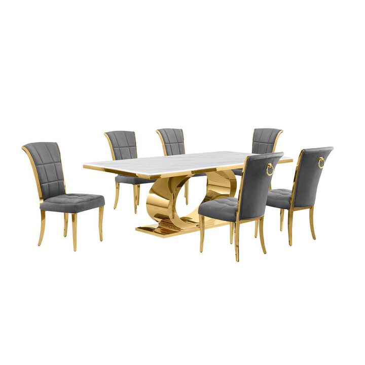 Best Quality Furniture 7pc Large(87) marble top dining set with gold base and 6 Dark grey side chairs