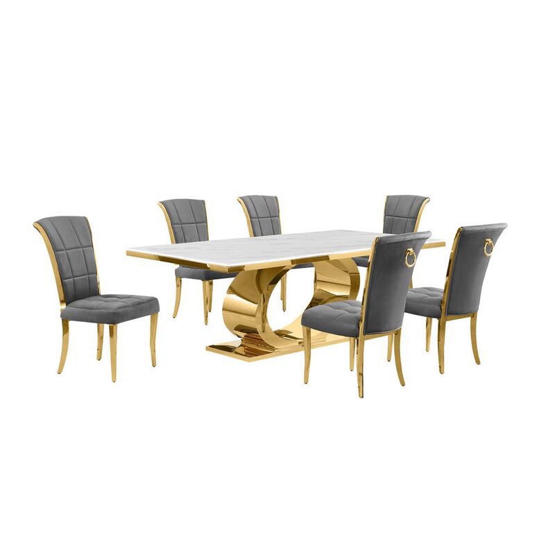 Best Quality Furniture 7pc Large(87) marble top dining set with gold base and 6 Dark grey side chairs