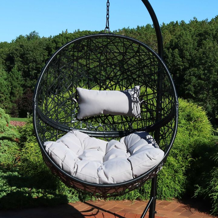 Sunnydaze Black Resin Wicker Round Hanging Egg Chair with Cushions
