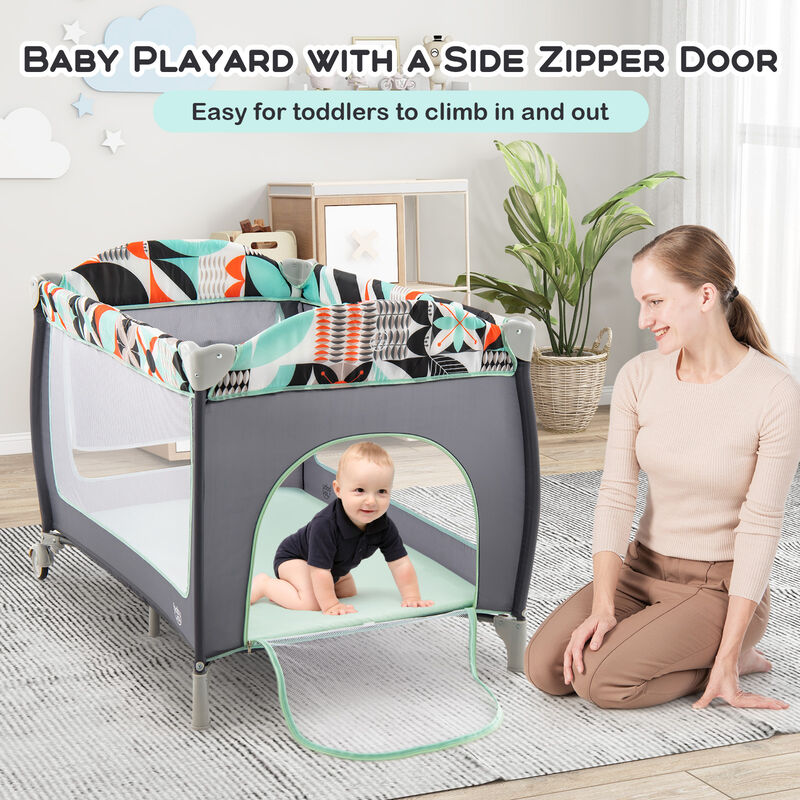 3-in-1 Portable Baby Playard with Zippered Door and Toy Bar - Blue