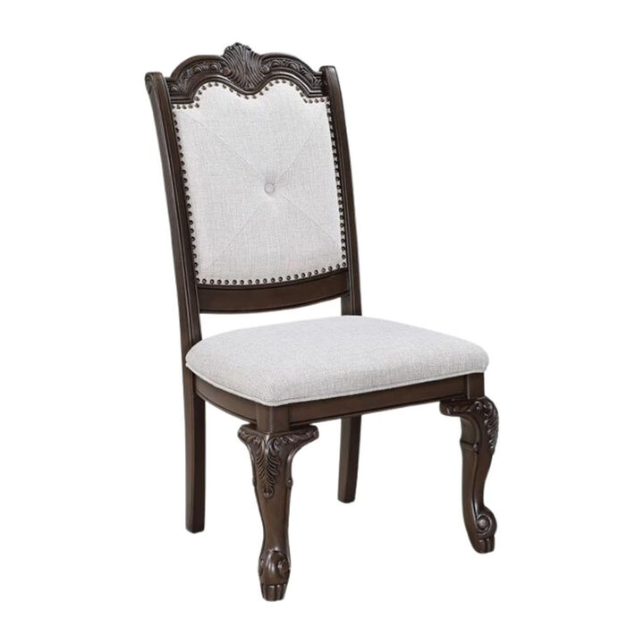 Cary Side Dining Chair Set of 2, Beige Linen, Scrolled Coffee Brown Wood